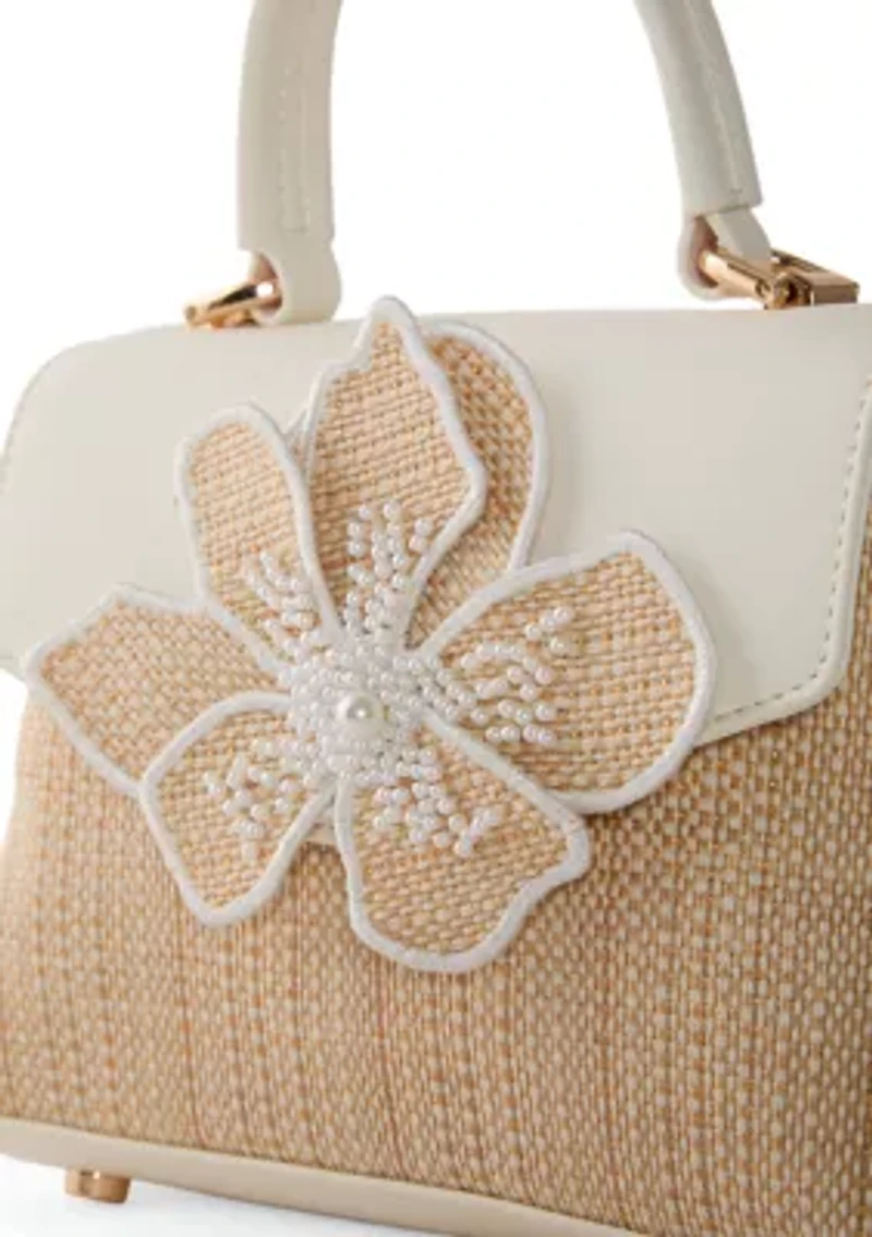 Straw Top Handle Floral Crossbody Bag