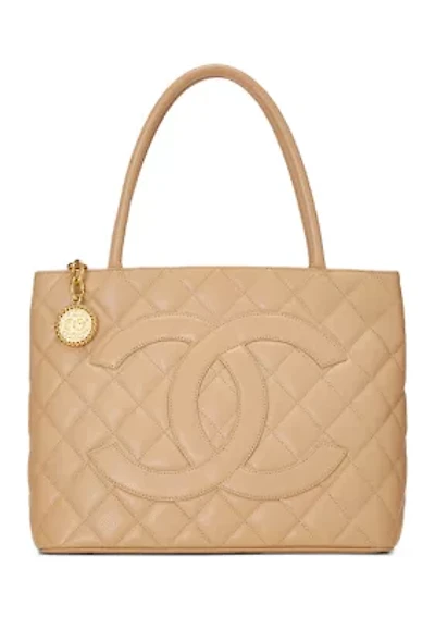 Beige Quilted Caviar Medallion Tote - FINAL SALE, NO RETURNS