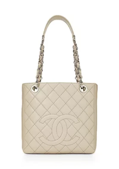 Beige Quilted Caviar Petite Shopping Tote 