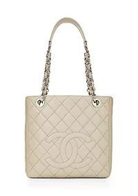 Beige Quilted Caviar Petite Shopping Tote 