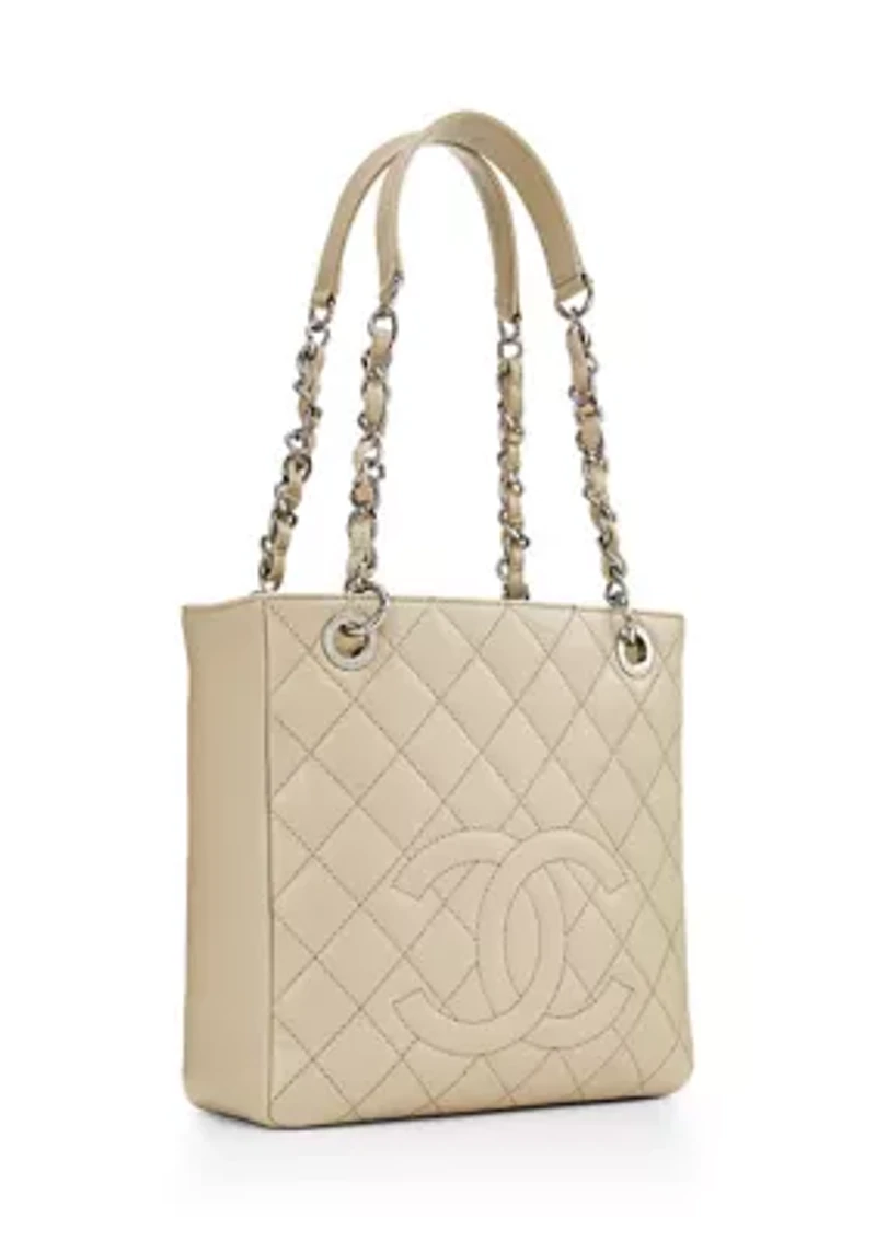 Beige Quilted Caviar Petite Shopping Tote 