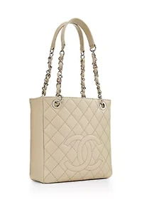 Beige Quilted Caviar Petite Shopping Tote 