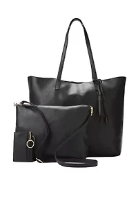 Two Tone Tote Bag with Tassel and Large Interior Pouch