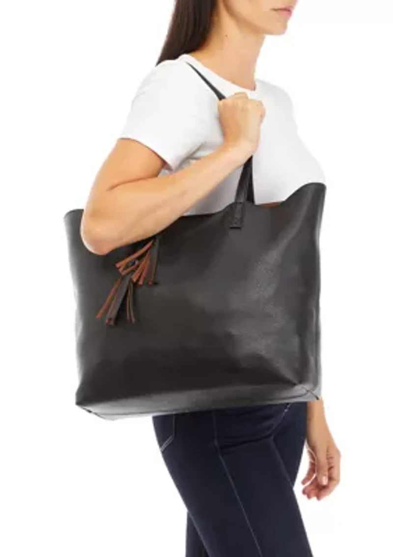 Two Tone Tote Bag with Tassel and Large Interior Pouch