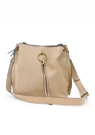 Nubuck Studded Trim Triple Entry Bucket Crossbody