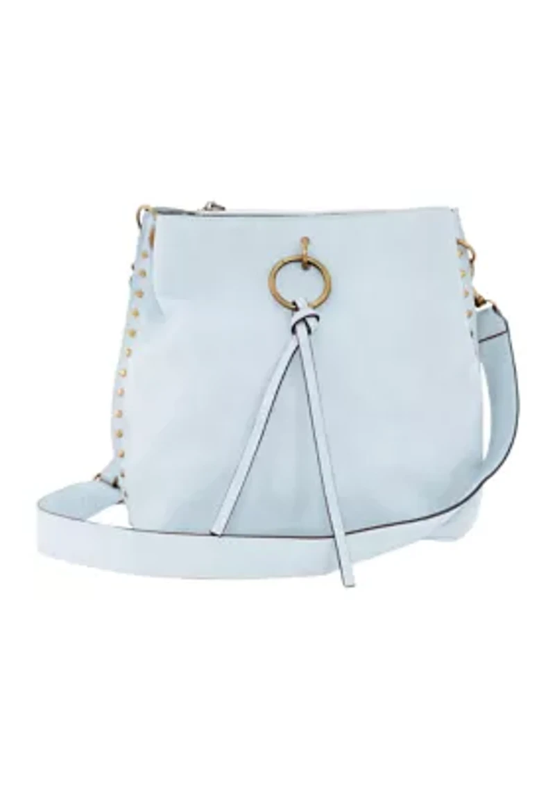 Nubuck Studded Trim Triple Entry Bucket Crossbody