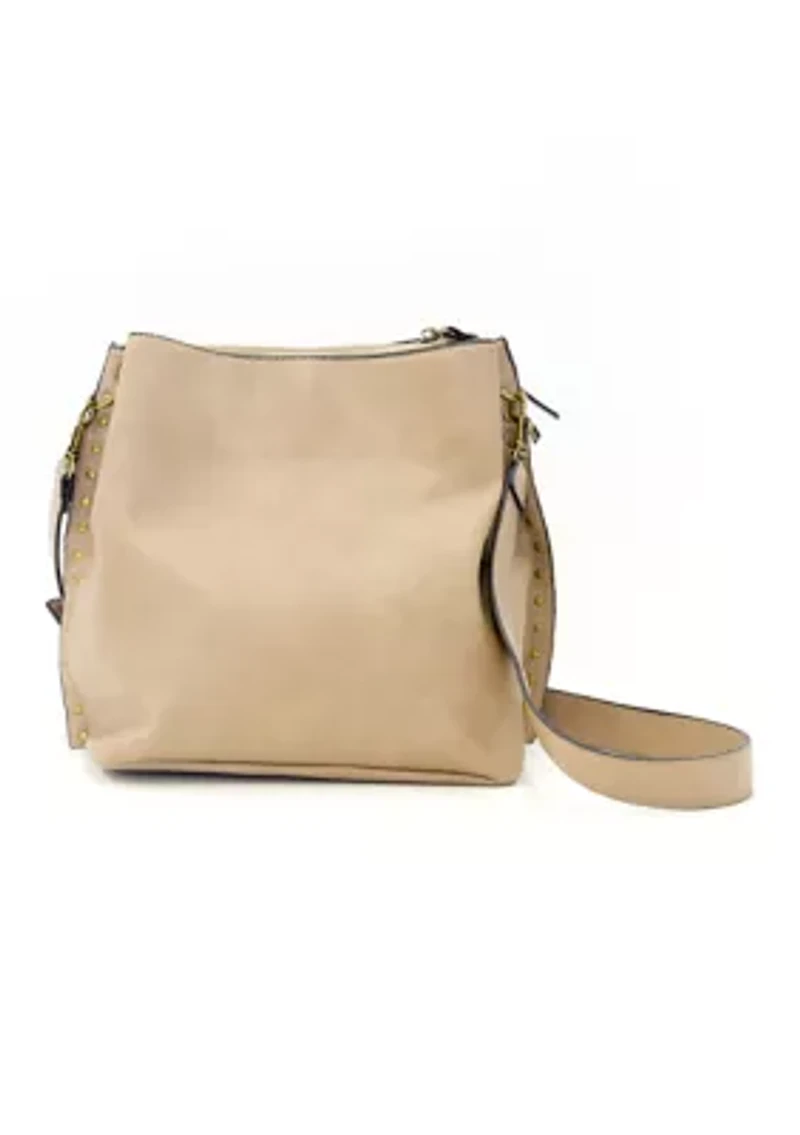 Nubuck Studded Trim Triple Entry Bucket Crossbody
