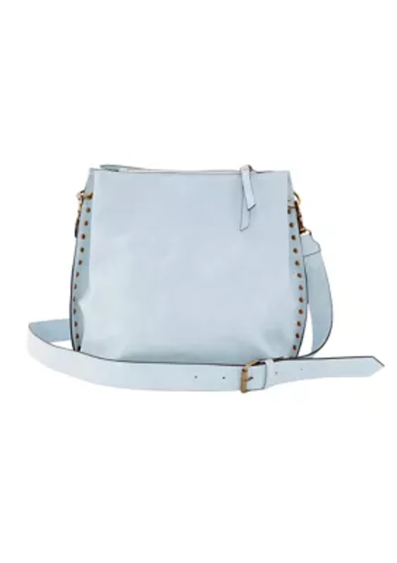 Nubuck Studded Trim Triple Entry Bucket Crossbody