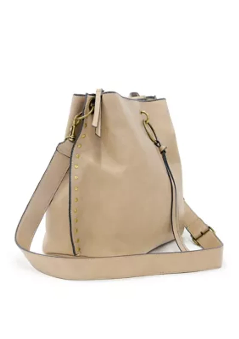Nubuck Studded Trim Triple Entry Bucket Crossbody