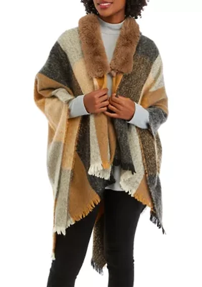 Women's Fur Trim Plaid Topper