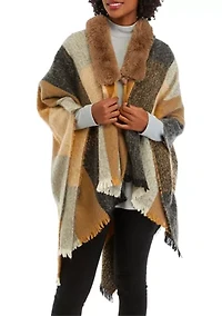 Women's Fur Trim Plaid Topper