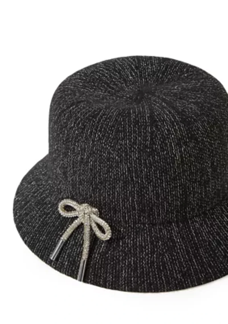Metallic Melton Cloche Hat with Rhinestone Bow