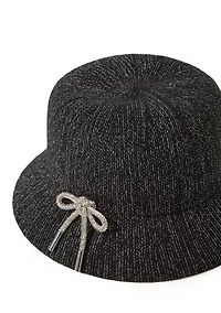 Metallic Melton Cloche Hat with Rhinestone Bow