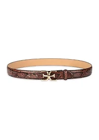 Women's Slim Textured Croc Belt with Double E Plaque Logo Buckle