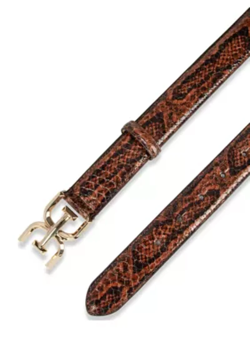 Women's Slim Textured Croc Belt with Double E Plaque Logo Buckle