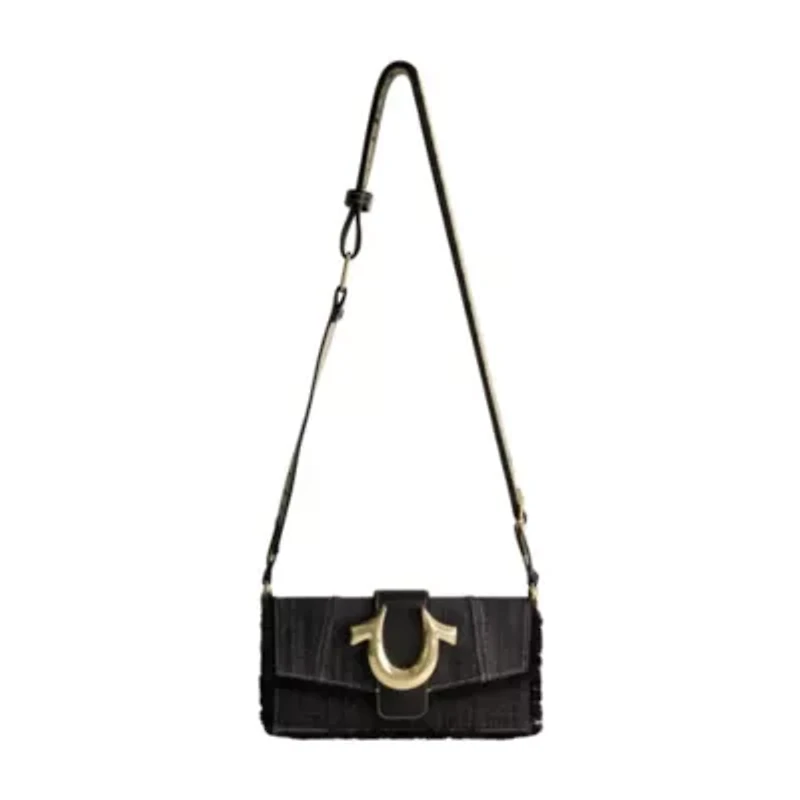 True Religion Frayed Denim Flap Bag with Logo Strap