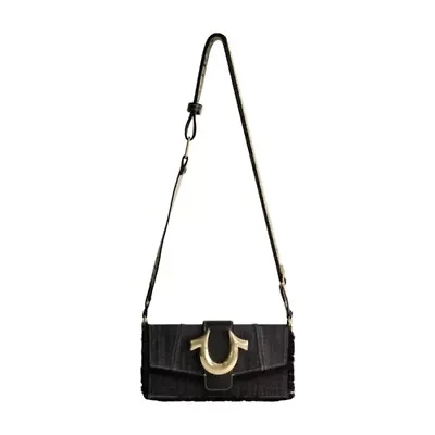 True Religion Frayed Denim Flap Bag with Logo Strap