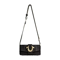 True Religion Frayed Denim Flap Bag with Logo Strap