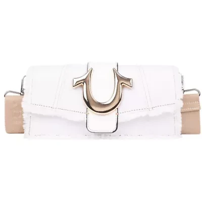 True Religion Frayed Denim Flap Bag with Logo Strap