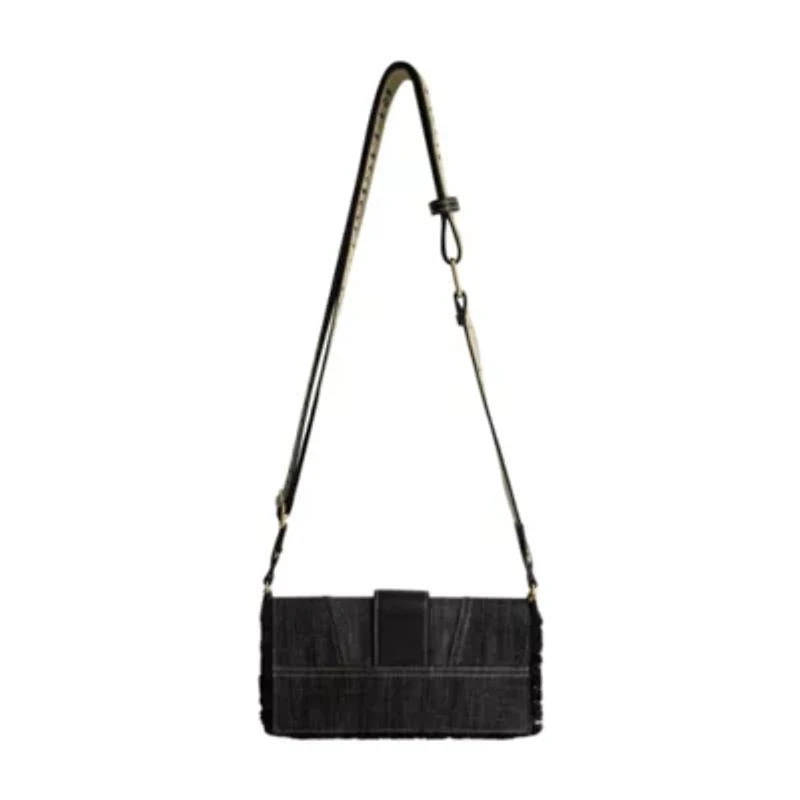 True Religion Frayed Denim Flap Bag with Logo Strap