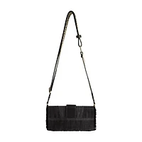 True Religion Frayed Denim Flap Bag with Logo Strap