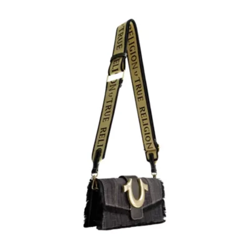True Religion Frayed Denim Flap Bag with Logo Strap