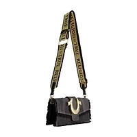 True Religion Frayed Denim Flap Bag with Logo Strap