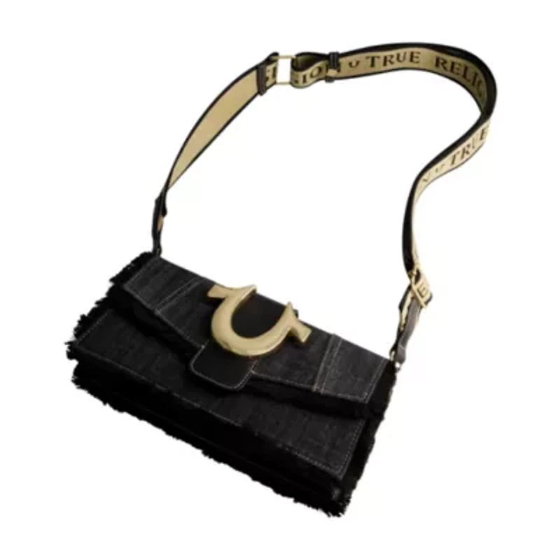 True Religion Frayed Denim Flap Bag with Logo Strap