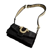 True Religion Frayed Denim Flap Bag with Logo Strap