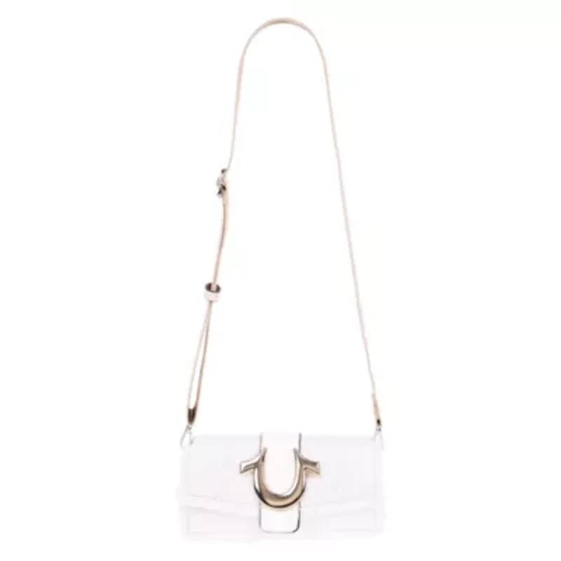 True Religion Frayed Denim Flap Bag with Logo Strap