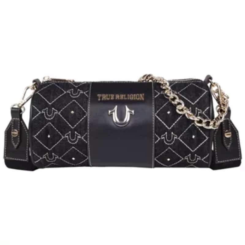 True Religion Studded Denim Zip Top Barrel Bag