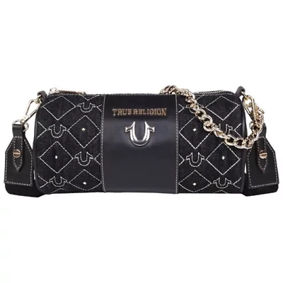 True Religion Studded Denim Zip Top Barrel Bag