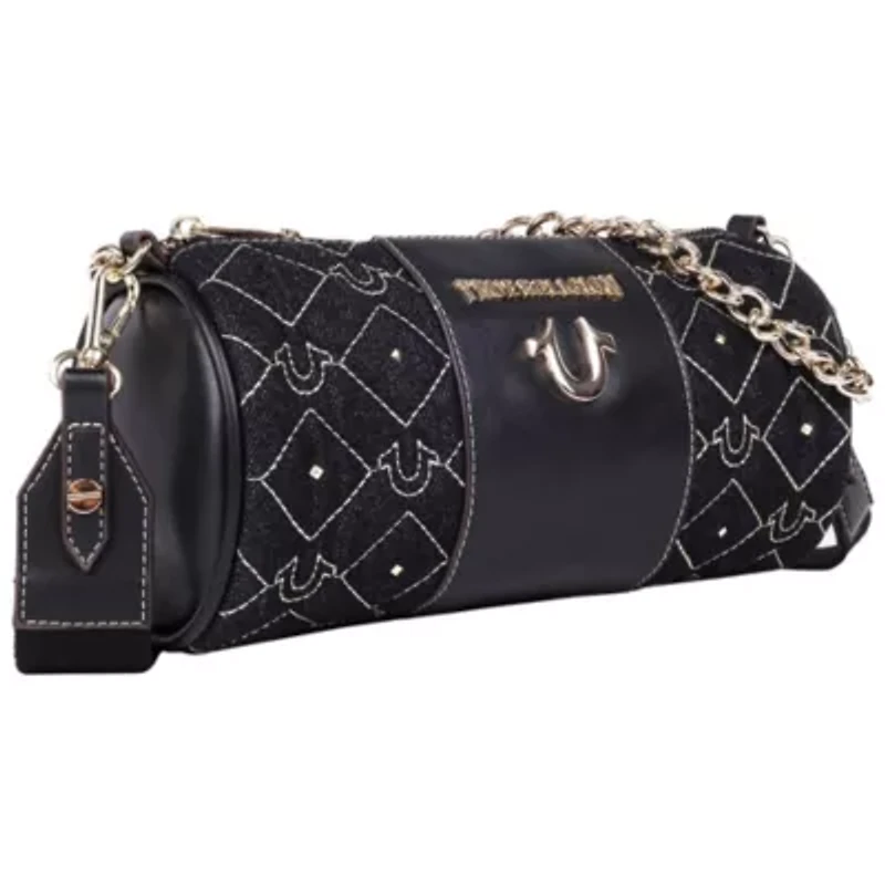 True Religion Studded Denim Zip Top Barrel Bag