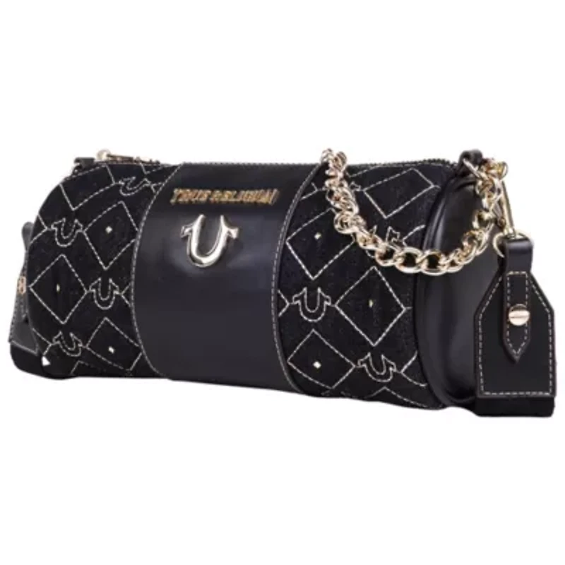 True Religion Studded Denim Zip Top Barrel Bag