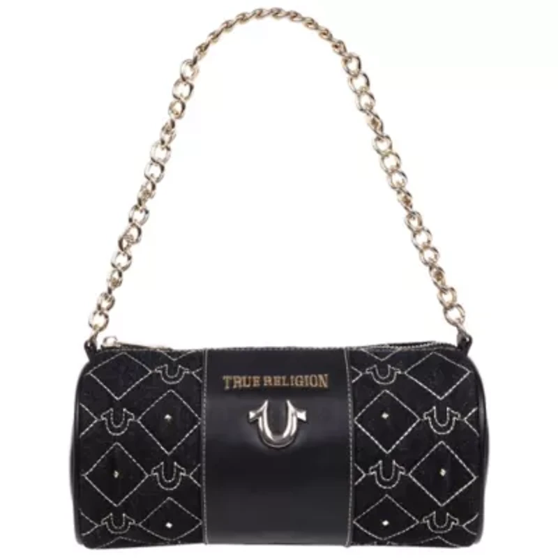 True Religion Studded Denim Zip Top Barrel Bag