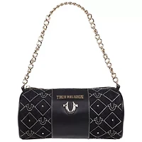 True Religion Studded Denim Zip Top Barrel Bag