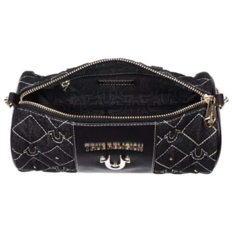True Religion Studded Denim Zip Top Barrel Bag