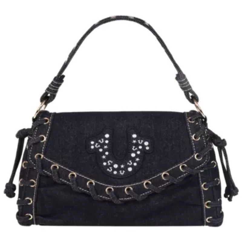 True Religion Studded Horseshoe Eyelet Denim Flap Bag