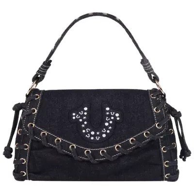 True Religion Studded Horseshoe Eyelet Denim Flap Bag