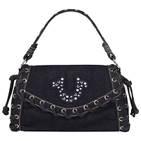 True Religion Studded Horseshoe Eyelet Denim Flap Bag