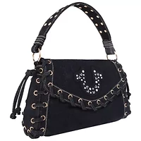True Religion Studded Horseshoe Eyelet Denim Flap Bag
