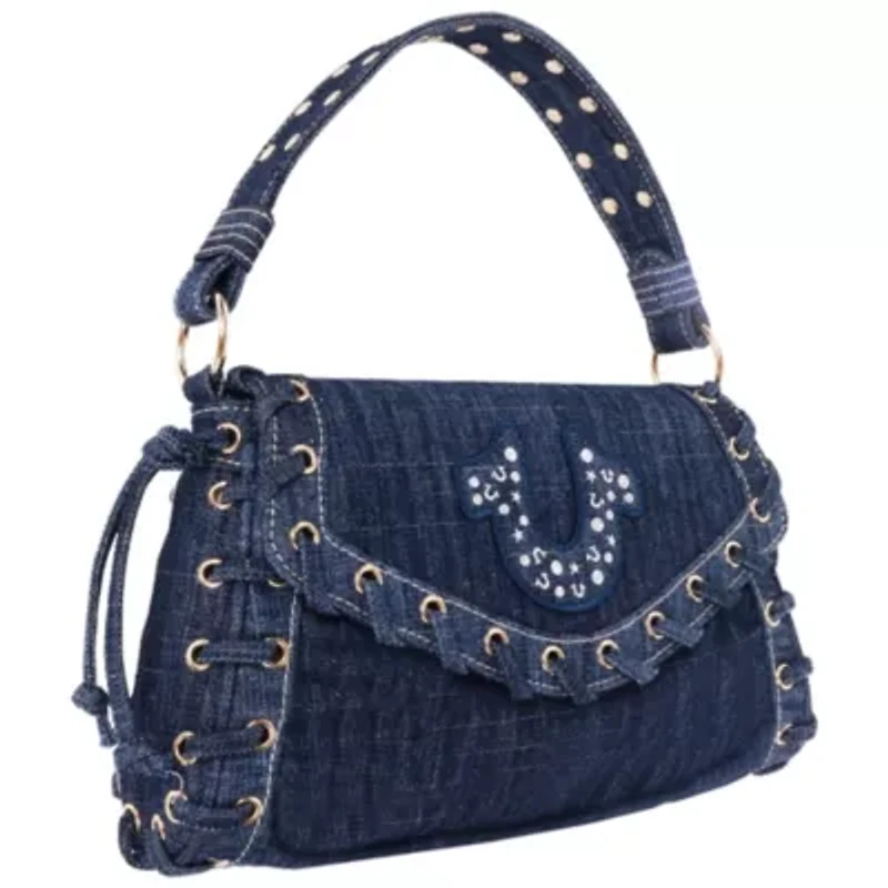 True Religion Studded Horseshoe Eyelet Denim Flap Bag