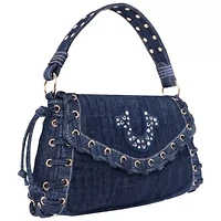 True Religion Studded Horseshoe Eyelet Denim Flap Bag