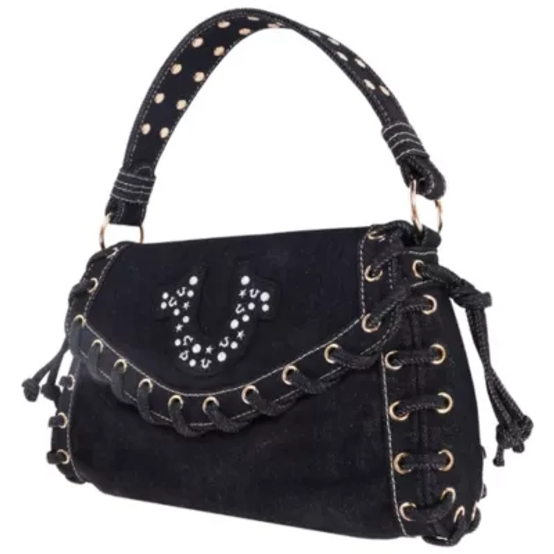 True Religion Studded Horseshoe Eyelet Denim Flap Bag