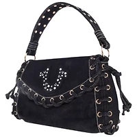 True Religion Studded Horseshoe Eyelet Denim Flap Bag