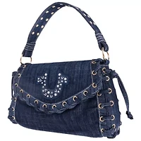 True Religion Studded Horseshoe Eyelet Denim Flap Bag
