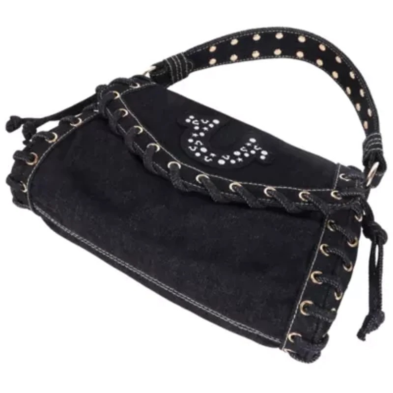 True Religion Studded Horseshoe Eyelet Denim Flap Bag