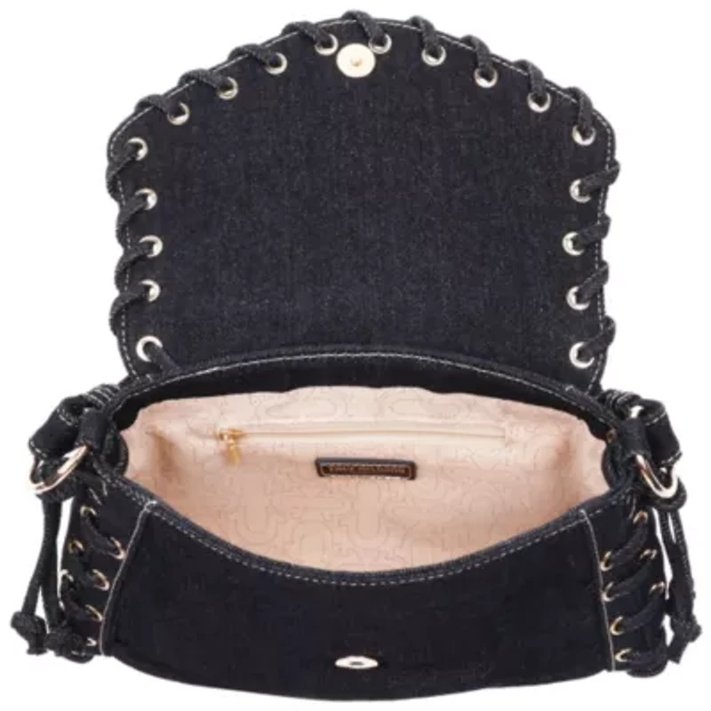 True Religion Studded Horseshoe Eyelet Denim Flap Bag