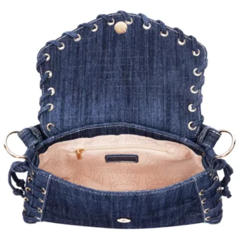 True Religion Studded Horseshoe Eyelet Denim Flap Bag