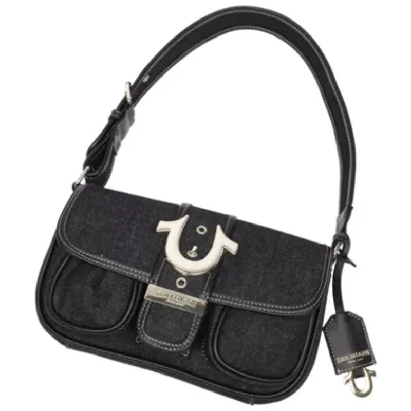 True Religion Double Pocket Denim Satchel with Horseshoe Hardware